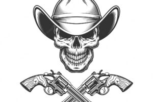 Vintage monochrome skull in cowboy hat