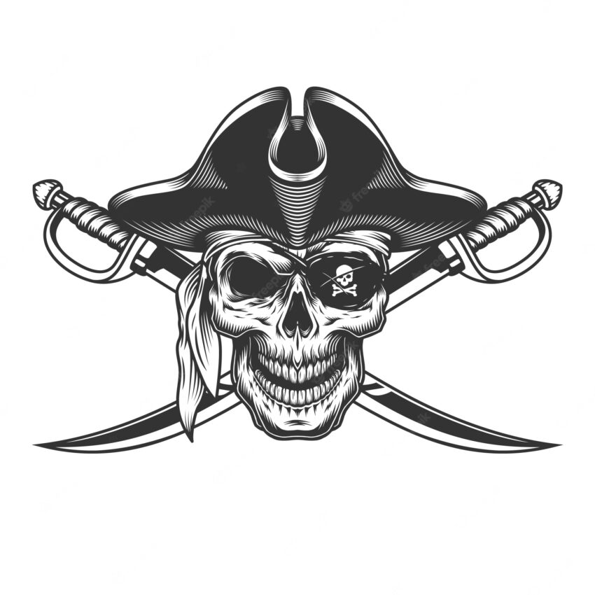 Vintage monochrome skull in pirate hat