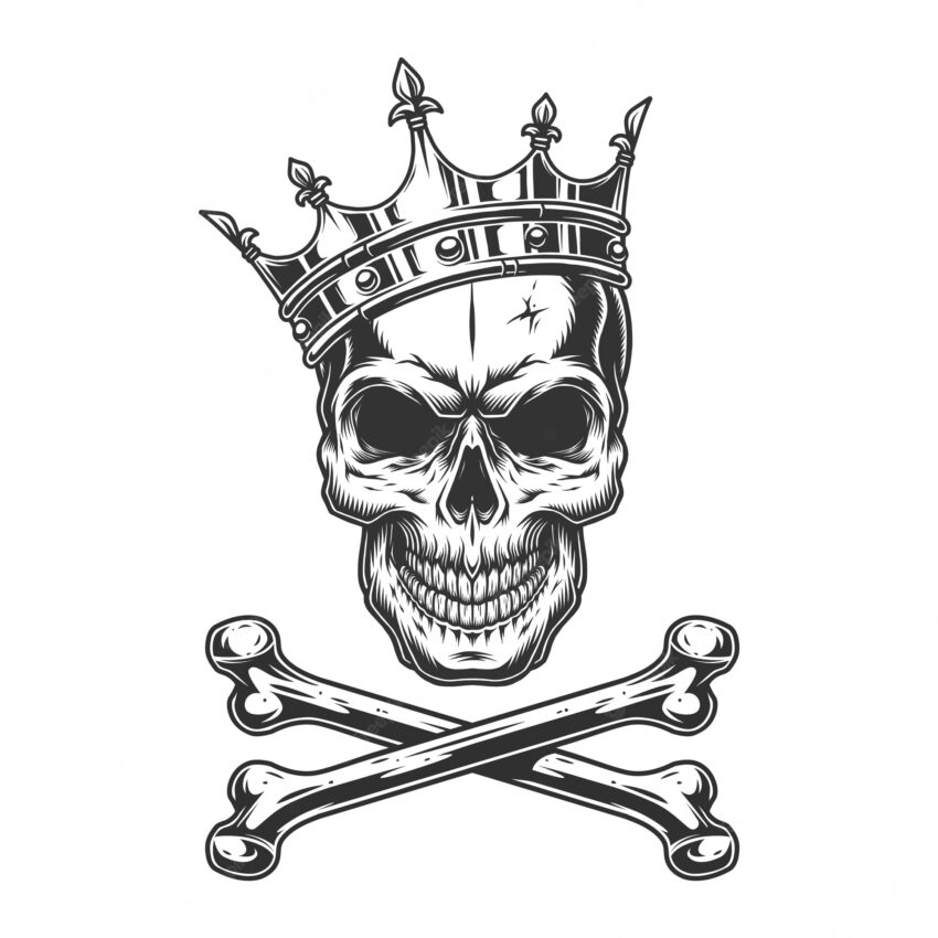 Vintage monochrome skull in royal crown