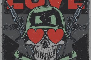 Vintage poster with illustration of a skull with hearts in its eyes, ak-47 and knives