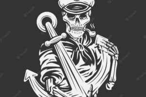 Vintage sailor skull with anchor illustration