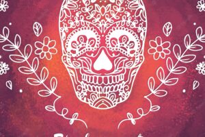 Watercolor background with hand drawn mexican skull