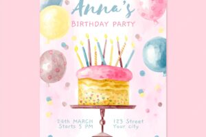 Watercolor birthday invitation with cake