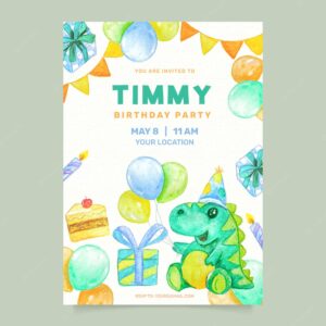 Watercolor children birthday invitation with dinosaur