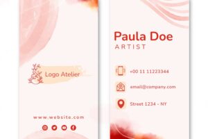 Watercolor creative atelier vertical business card