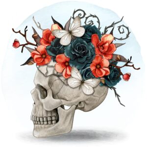 Watercolor halloween decorated skull with roses and dried leaves