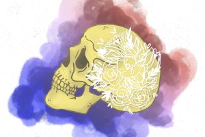 Watercolor profile skull with flower ornaments