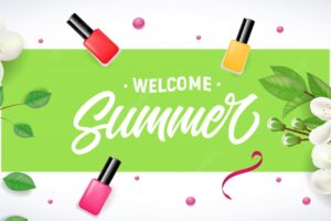 Welcome summer in green frame with apple flower, lacquers and confetti