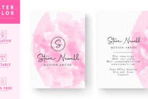 White and pink abstract vertical watercolor business card