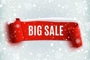 Winter sale background with red ribbon banner