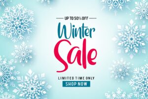 Winter sale vector banner background winter sale text and falling snowflakes in white background