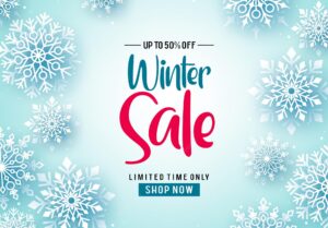 Winter sale vector banner background winter sale text and falling snowflakes in white background