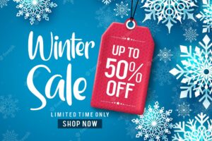 Winter sale vector banner design winter sale discount text with white snowflakes and red tag