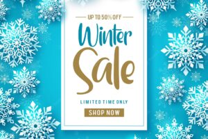 Winter sale vector banner design winter sale promo text with cold white snowflakes