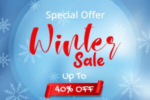 Winter sale vector banner design with white snowflakes elements