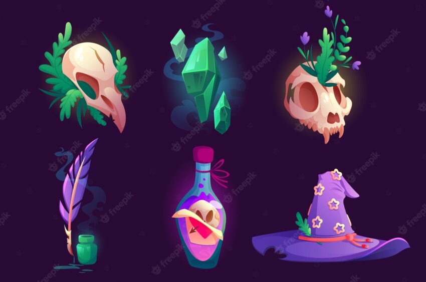 Witch stuff and magic items hat, bird and animal skulls, love or death potion bottle, quill pen with inks, green crystall assets for pc game, ui elements, isolated cartoon illustration, icons set