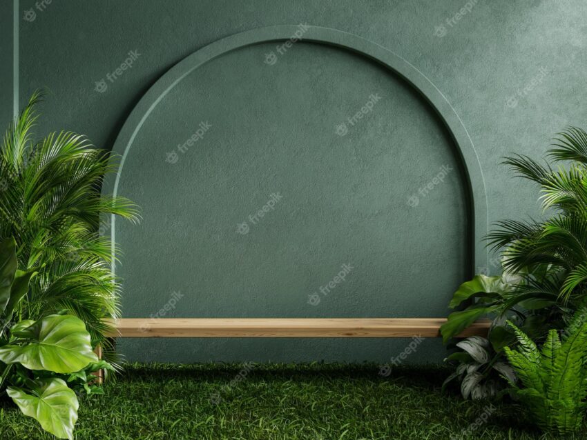 Wooden shelf in tropical forest for product presentation and dark green background