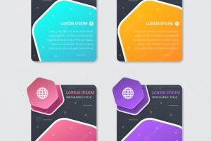Abstract business infographic template with four hexagon in white border and black color background. rectangle vertical shape with diagonal line pattern. the colors are blue, orange, purple and pink.