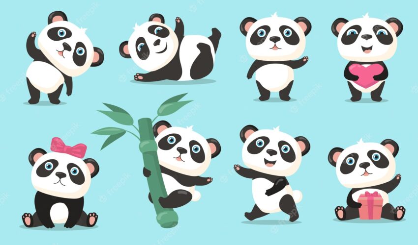 Adorable panda set. cute cartoon chinese bear baby waving hello, holding heart or gift, hanging on bamboo stem, dancing and having fun. vector illustration for animal, nature, wildlife concept