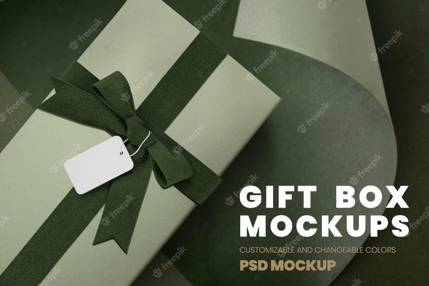 Aerial view of gift box with a tag mockup