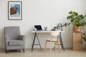 Background image of minimal interior with home office workplace, copy space