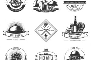Bbq vintage logo set with fish grill fresh solutions only best steaks and ext descriptions