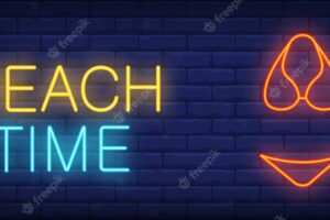 Beach time illustration in neon style. colorful text and red bikini on brick wall