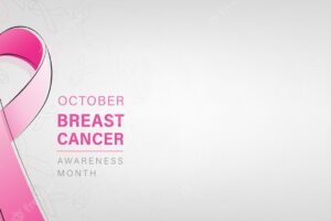 Beautiful breast cancer awareness campaign banner with pink ribbon symbol on gray gradient background and space for text