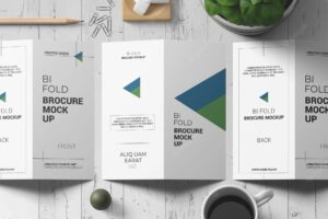 Bi-fold brochure or invitation mockup with still life concept