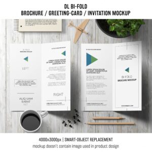 Bi-fold brochure or invitation mockup with still life concept