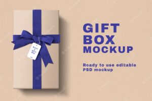 Birthday gift box mockup psd with blue ribbons