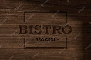 Bistro restaurant business logo psd template in debossed wooden style