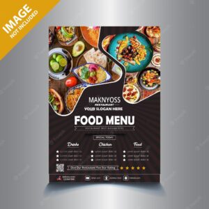 Black fast food menu brochure design vector template in a4 size flyer design food concept