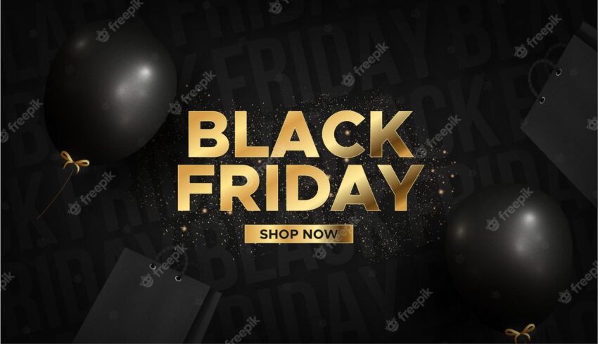 Black friday super sale with realistic shopping elemens