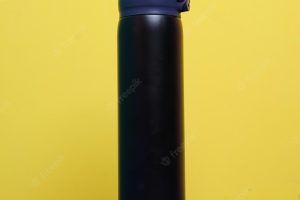 Black matte empty stainless thermo water bottle mock-up on colorful background.