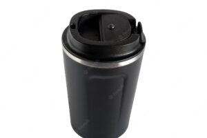 Black metal cup with cap on white background.