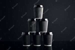 Blank set of black take away cardboard paper cups closed with caps in pyramid shape presented on black and mirrored. retail  presentation