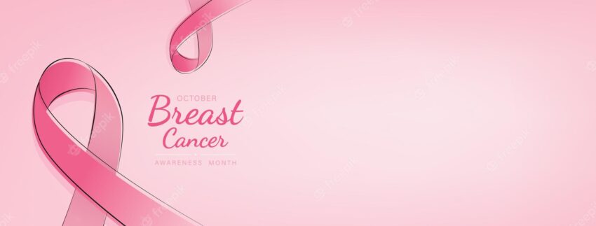Breast cancer awareness campaign banner with pink ribbon symbols on pastel light pink background and space for text