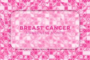 Breast cancer awareness month banner design layout with blurred glass element and geometric pattern