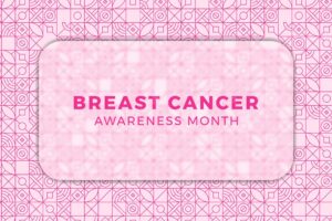 Breast cancer awareness month banner design layout with blurred glass element and geometric pattern