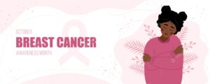 Breast cancer awareness month banner. happy african woman hugging herself.