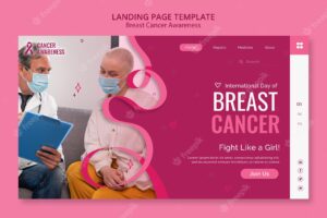 Breast cancer landing page template with pink ribbon