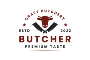 Butchery shop logo design vector cow and meat cleaver knife logo design template