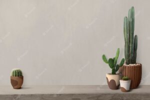 Cactus on a shelf by a blank wall background
