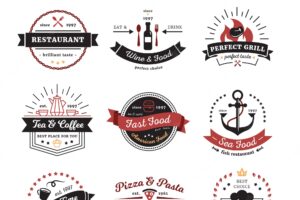 Cafe and restaurant logos vintage design with food and drinks cutlery