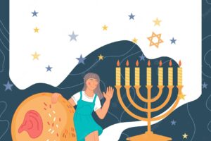 Card template for jewish hanukkah holiday with little girl vector illustration