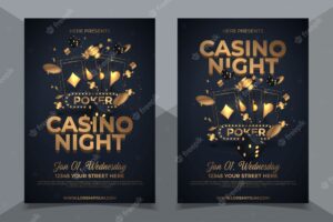 Casino night party template design with casino element on shiny black background and venue details.
