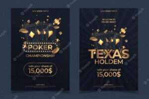 Casino poker tournament invitation design. gold text with playing chip and cards. poker party a4 flyer template.
