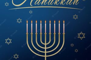 Celebration card with golden text happy hanukkah, chandelier and stars of david for jewish holiday.