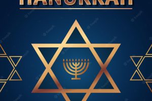 Celebration card with golden text happy hanukkah, chandelier with nine candles and star of david
